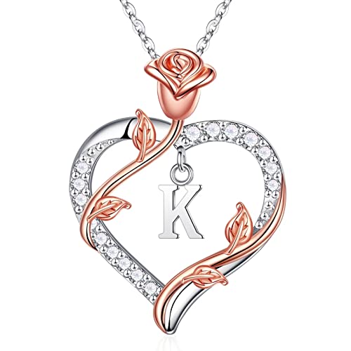 Iefil Rose Heart Necklace Gifts for Women Wife Girlfriend, 925 Sterling Silver Letter K Initial Necklace for Women Jewelry Anniversary Christmas Birthday Gifts for Women