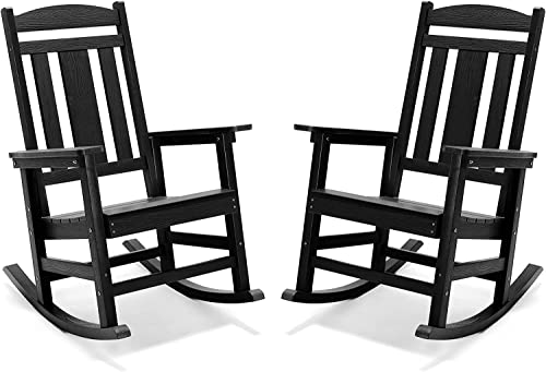 LUE BONA Outdoor Rocking Chairs Set of 2, Weather Resistant HDPS Poly Rocker Chairs, 350lb Heavy Duty, Oversized Porch Rocker for Adult, High Back Smooth Rocking Chairs for Outdoor & Indoor, Black