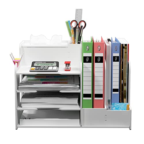 UBeesize 4-Tier Office White Desktop Organizer Paper File Rack with Vertical Horizontal File Holder All in One Supplies Storage Box Mail Sorter on Desk Tabletop Binder Folder Letter Trays Study Home
