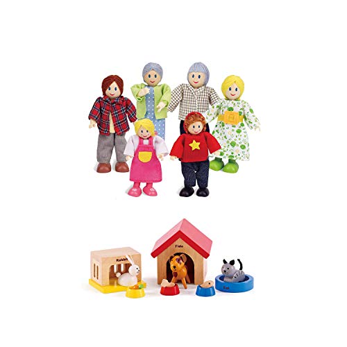 Hape Award Winning Wooden Dollhouse with Pet Set, Unique Accessories for Imaginative Play, 6 Family Figures - Adults 4.3' and Kids 3.5'