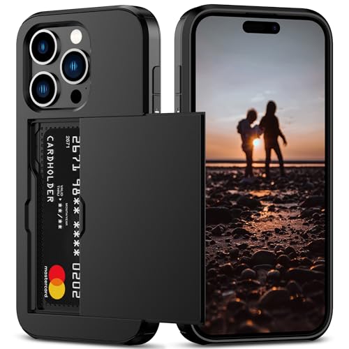 Nvollnoe Compatible with iPhone 15 Pro Case with Card Holder Heavy Duty Protective Dual Layer Shockproof Hidden Card Slot Slim Wallet Phone Cover for Women&Men 6.1 inch(Black)