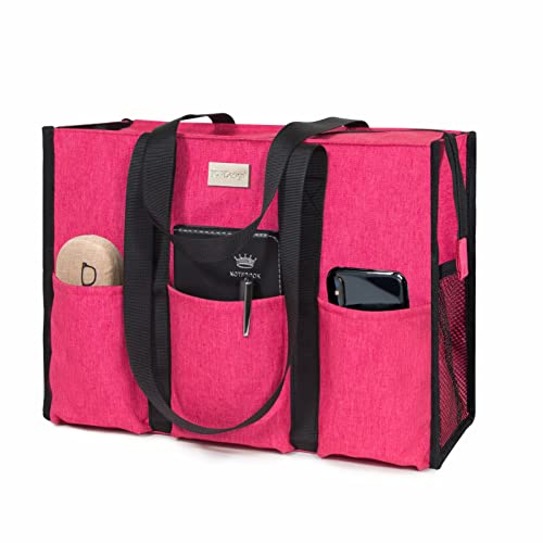 TOPDesign Utility Water Resistant Tote Bag with 13 Exterior & Interior Pockets, Top Zipper Closure & Thick Bottom Support, for Working Women, Teachers, Nurses, Accountants (L Pink)