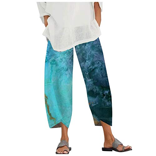 ZunFeo Womens Capri Pants Wide Leg Cotten Linen Elastic Waist Casual Loose Fit Cut Ankle Pants Lounge Pajama Yoga Capris M-Blue
