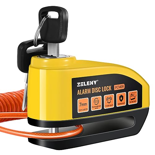 ZELENY Motorcycle Lock Anti Theft Motorcycle Disc Lock Motorcycle Alarm 110dB 7mm Pin, Accessories with Reminder Cable and Carry Pouch, Waterproof, Heavy Duty Disc Brake Lock for Motorbike Bike Moped
