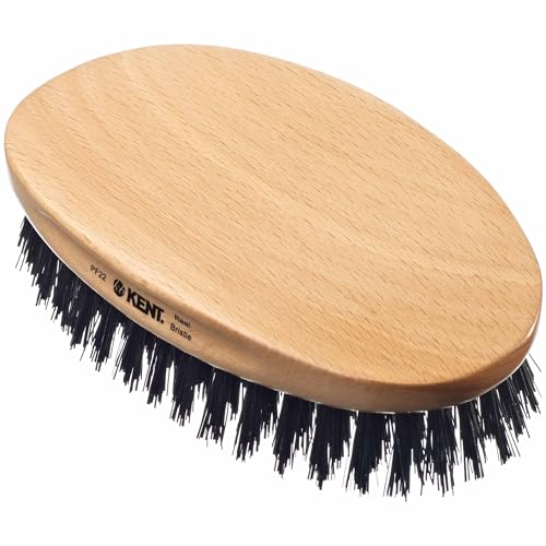 Kent PF22 Oval Men Military Hair Brush, Black Boar Bristle and Nylon Bristle Mix for Mens Grooming Hair and Beard, Scalp Brush, 360 Wave, and Facial Brush for Beard Care. Made in England