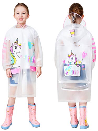 HSTiSan Boys Girls Hooded Rain Suit Waterproof Raincoat Outdoors Student Rain Poncho Lightweight Durable White-unicorn 5-6 Years