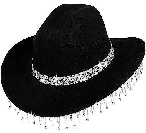 Women Rhinestone Cowgirl Hat Glitter Bling Diamond Fringe Cowboy Hat for Party Music Festival (Small-Medium) (US, Alpha, Medium, Black)