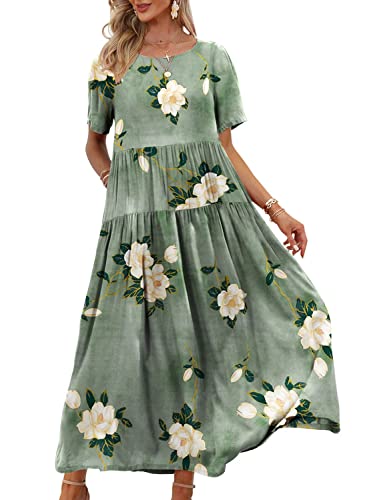 YESNO Women Casual Loose Bohemian Floral Dress with Pockets Short Sleeve Long Maxi Summer Beach Swing Dress 2XL EJF CR19
