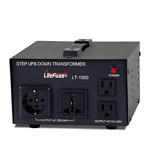 LiteFuze 1500 Watt Voltage Converter Transformer Step Up/Down - 110v to 220v / 220v to 110v Power Converter - Fully USA Grounded Cord - Universal Outlet Socket, 2x US Outlets - CE Certified