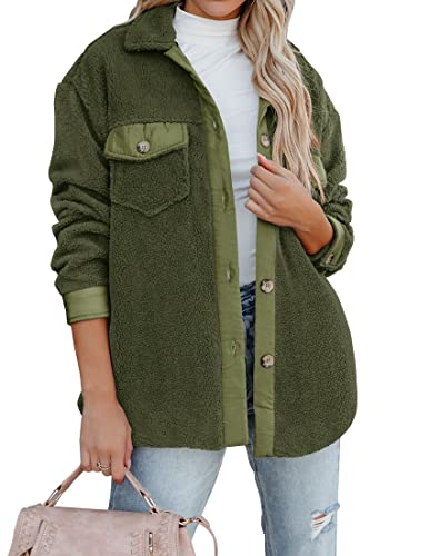 ZESICA Womens Winter Casual Sherpa Fleece Jacket Long Sleeve Button Solid Warm Fuzzy Outwear Coat Pockets,ArmyGreen,Large