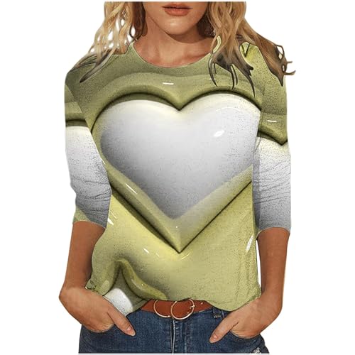 HGps8w Valentine's Day Shirts for Women 3/4 Sleeve Heart Printed Dressy Casual Blouses Pullover Crewneck Cute Date Tops