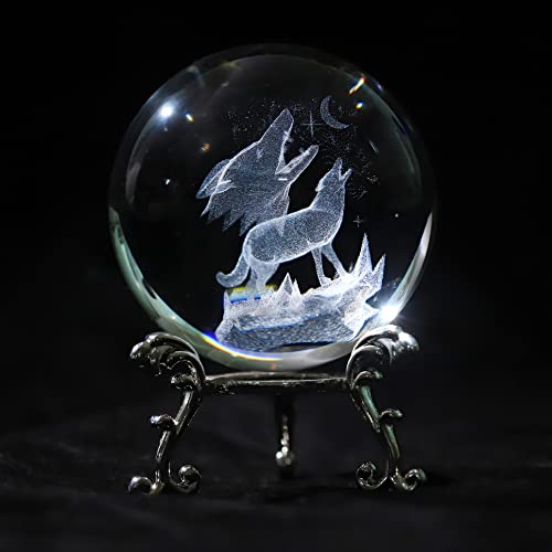 vskikris 2.36in 3D Laser Crystal Howling Wolf Figurine Crystal Ball Paperweight with Stand Base - 3D Engraving Crystal Wolf Gift Home Decor