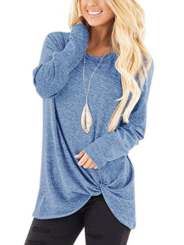 SHIBEVER Long Sleeve Women Tops: Fall Casual Tunic Shirts for Womens Round Neck Twist Knotted Tee Blouses Light Blue XL