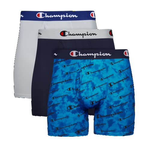 Champion mens Champion Men's Lightweight Stretch 3 Pack Boxer Briefs, Blue Print With Champion Logo/Navy/Silverstone, X-Large US