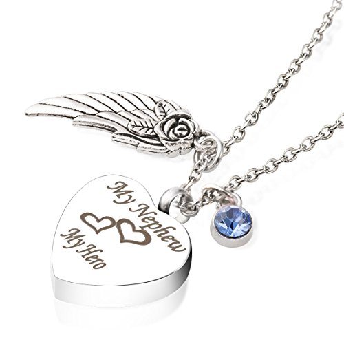 GIONO Cremation Jewelry for Ashes My Nephew My Hero Angel Wing Birthstone Aquamarine Urns Necklace Memorial Keepsake Pendant