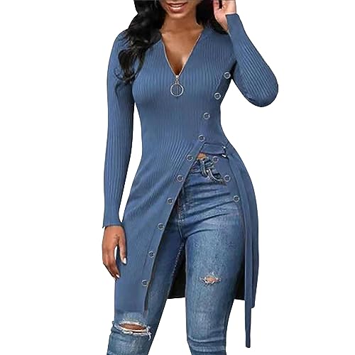 Women's Sexy Zip Up V Neck Long Sleeve T Shirts Side Split Asymmetrical Hem Longline Tunic Blouse Tops Shirt (Blue, S)
