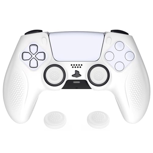 PlayVital Ninja Edition Anti-Slip Silicone Cover Skin for ps5 Wireless Controller, Ergonomic Protector Soft Rubber Case for ps5 Controller Fits with Charging Station with Thumb Grip Caps - White