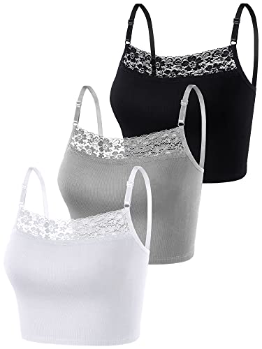 3 Pieces Lace Camisole Lace Crop Top Lace Half Cami Breathable Basic Cami Spaghetti Tank Top for Women Girls (Black, White, Gray, Medium)