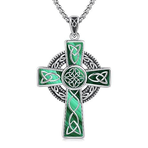 Midir&Etain Celtic Cross Necklace for Men 925 Sterling Silver Celtic Cross Pendant Malachite Cross Jewelry Gifts for Men Women