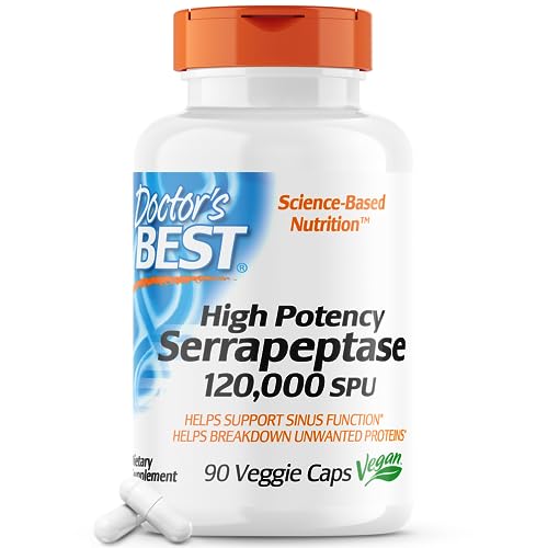 Doctor's Best High Potency Serrapeptase, Non-GMO, Gluten Free, Vegan, Supports Healthy Sinuses, 120,000 SPU, 90 Count