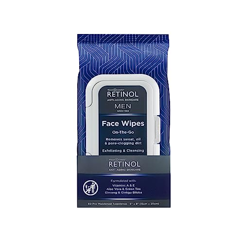 Retinol Men Facial Wipes Anti-Aging Cleansing Towelettes - Quickly cleanse face from sweat, oil and pore-clogging dirt without any heavy residue