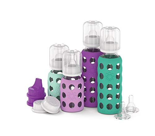 Lifefactory 4 Bottle Starter Set (2) 4-Ounce Baby Bottle in Mint/Lavender (2) 9-Ounce Baby Bottle in Kale/Grape (2) Flat Caps (2) Sippy Caps (2) Stage 2 Nipples