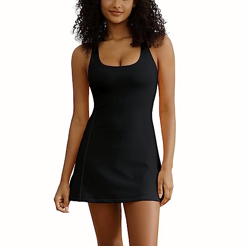 Topcloset Tennis Dress for Women Workout Dress with Built-in Bra & Shorts Pockets Athletic Dress for Exercise Golf Dresses, Black, S