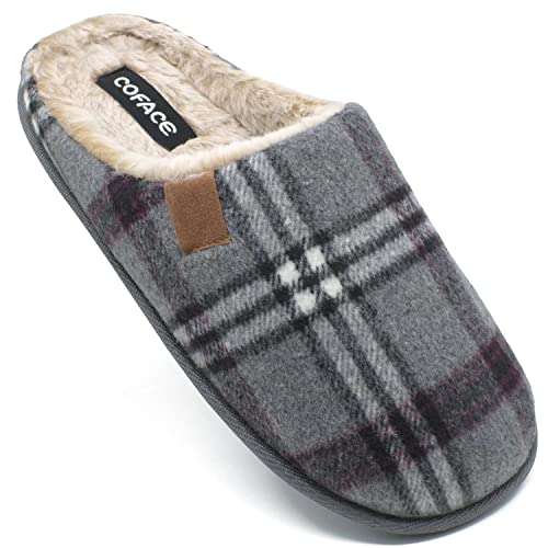 COFACE Mens Grey Flano Plaid Cozy Memory Foam scuff Slippers Slip On Warm House Shoes Indoor/Outdoor With Best Arch Surpport Size 9