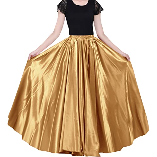 Ladies 90cm Satin Maxi Midi Skirt Long Dress Elastic Waist for Belly Dance Princess Party Cosplay Costume (Dark Gold)