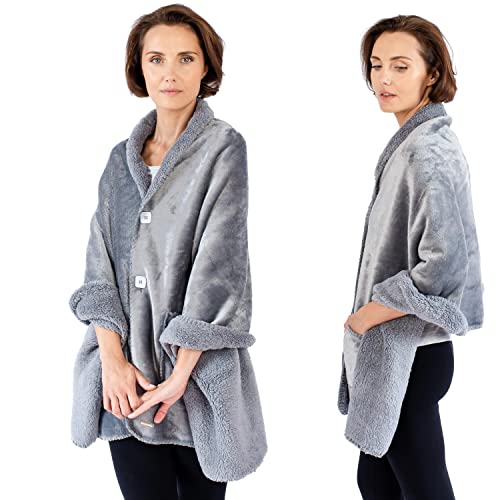 EzrAllora Premium Double Layer Poncho Blanket for Women -No Sleeves- Sherpa Fleece Shawl with Pockets -Wearable Blanket- Gifts for Mom and Grandma (Silver Grey)