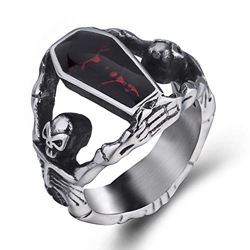 ELFASIO Skull Rings for Men Stainless Steel Gothic Vampire Bloody Red Enamel Coffin Bike Jewelry Size 8
