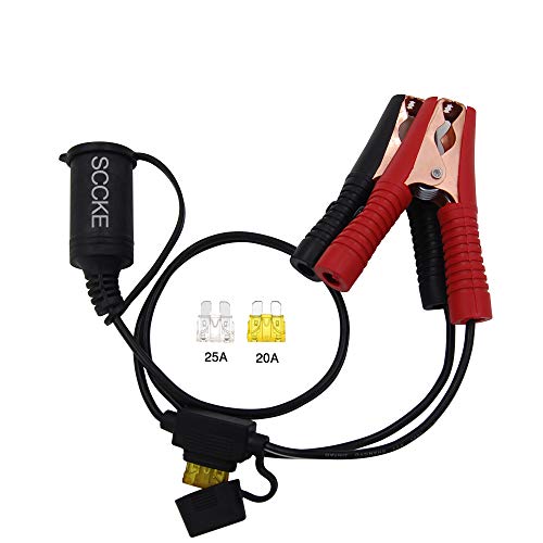 SCCKE 1.6FT/0.5m 14AWG 20A 12V 24V Female Car Cigarette Lighter Socket to Battery Alligator Crocodile Clips Connector, Car Battery Clamp-on Extension Charge Cable with 20A Fuse