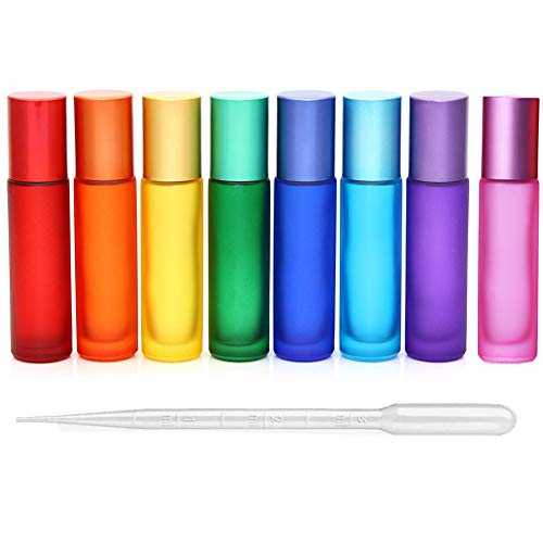mollensiuer 8Pcs 10ml(1/3oz) High-grade Colorful Frosted Roll on Bottles Thick Glass Massage Roller Bottles Tube Vials Containers for Essential Oils, Aromatherapy, Perfumes and Lip Balms+ 1pc 3ml Dropper