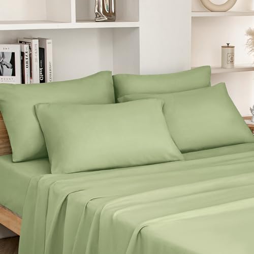 HOMEIDEAS Queen Size Bed Sheets - 6 Piece Set (Sage Green) - Extra Soft Brushed Microfiber 1800 Bedding Sheets, Deep Pocket, Wrinkle & Fade Free