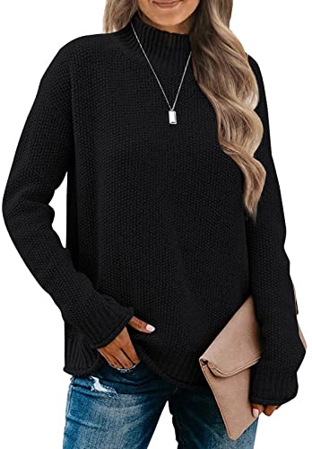 MEROKEETY Women's Long Sleeve Turtleneck Cozy Knit Sweater Casual Loose Pullover Jumper Tops Black