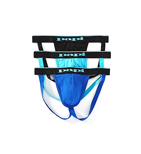 papi Men's 3-Pack Cotton Stretch Jock Strap, Black/Cobalt/Blue, X-Large