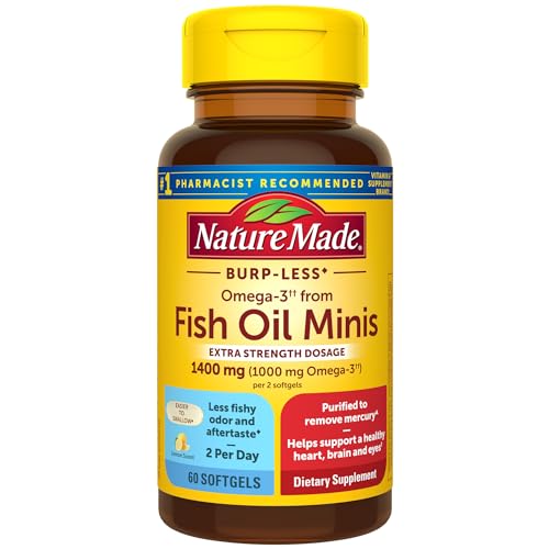 Nature Made Extra Strength Burp Less Omega 3 Fish Oil 1400 mg Minis, Fish Oil Supplements as Ethyl Esters for Healthy Heart, Brain and Eyes Support, 60 Softgels, 30 Day Supply