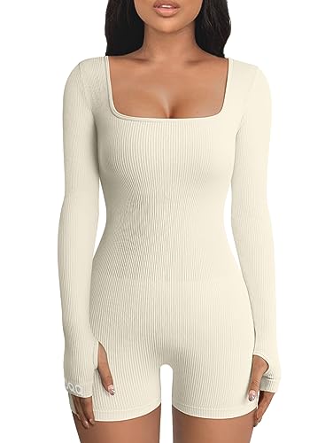 OQQ Women’s Yoga Rompers Workout Ribbed Long Sleeve Square Neck Sport Jumpsuits Rompers Beige