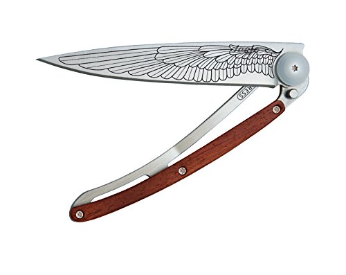 Deejo Ultra Lightweight Folding Pocket Knife with Belt Clip - Coral Wood Version 1.3 oz - Fine, Sharp Blade -Wing Pattern - Stainless Steel - Elegant and Modern Design