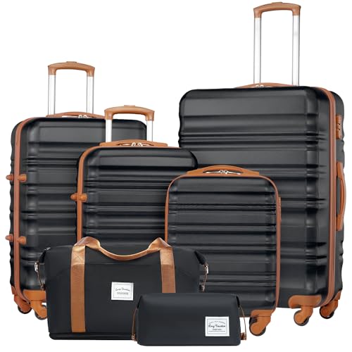 LONG VACATION Luggage Set 4 Piece Luggage ABS hardshell TSA Lock Spinner Wheels Luggage Carry on Suitcase (BLACK-BROWN, 6 piece set)