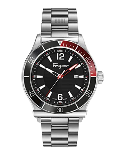 Ferragamo Mens Swiss Made Watch 1898 Collection Featuring Stainless Steel Adjustable Bracelet, Black Guilloche Dial, Two-Tone Bezel, Date-Function, Silver Tone Stainless Steel Case and Swiss Quartz