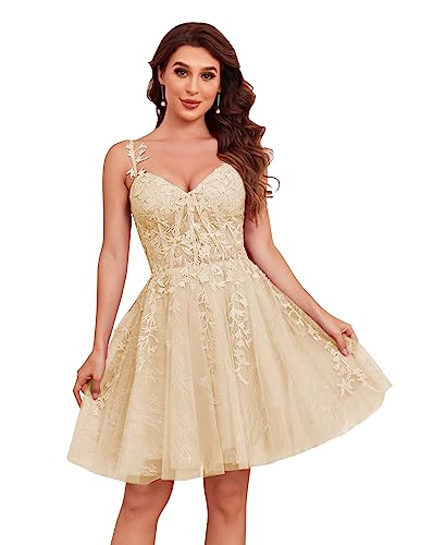 Tulle Homecoming Dresses for Teens Short Lace Backless A-line Champagne Spaghetti Straps Mini Dress Prom Dresses Size 12