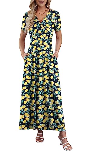 AUSELILY Maxi Dresses for Women Ankle Length Floral Print Beach Long Flowy Dress with Pockets(L,Black Lemon)