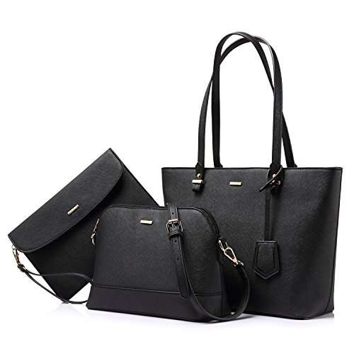 LOVEVOOK Handbags for Women Tote Bag Shoulder Bags Fashion Satchel Top Handle Structured Purse Set Designer Purses 3PCS PU Stand Gift Classical Black
