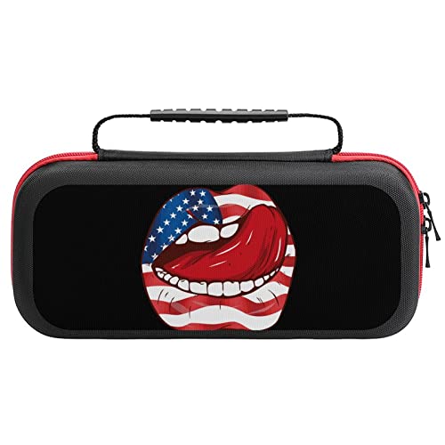 American Flag Lips Carrying Case for Switch Portable Travel Storage Bag Hard Shell Pouch for Accessories and Games