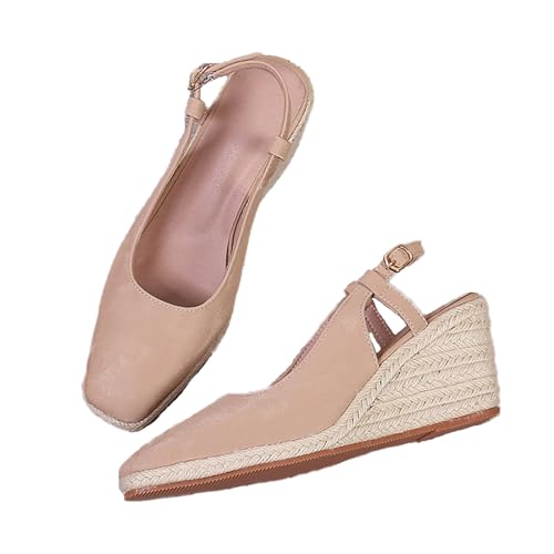 ZUYIYIA Women's Square Closed Toe Espadrille Wedge Sandals, Summer Outdoor Adjustable Buckle Comfortable Slip On Slingback Sandals (Apricot,7)