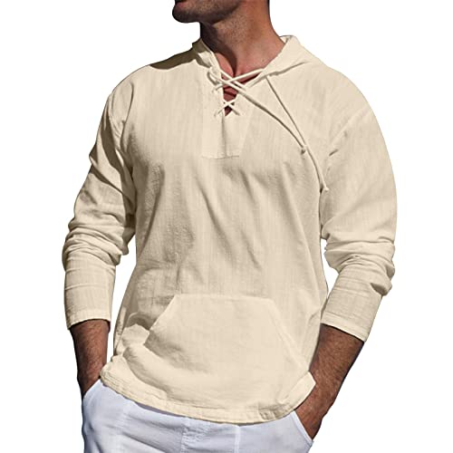 SEGANUP Mens Casual Cotton Linen Pullover Hoodie Baggy Long Sleeve Beach Lace Up Hippie Tops with Hat Beige