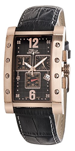 Daniel Steiger Valiant Rose Gold Men's Watch - Rose Gold Plated Stainless Steel Rectangular Case- Precision Chronograph Quartz Movement - Black Leather Band with White Stitching