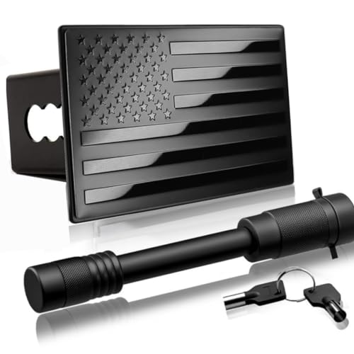 JumpSync Heavy American Flag Hitch Cover, 5x3 Inch, Black - Rust Free Hard Metal Trailer Hitch Covers - Comes with Pin Lock, 2 Keys & 3 Pin Holes for 2-Inch Receivers - Ideal for SUV, Jeep & Car