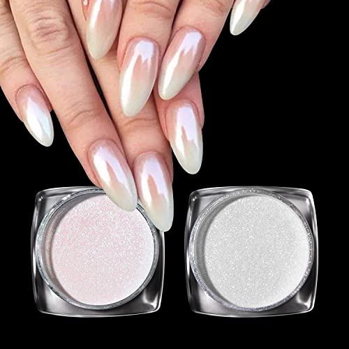 PrettyDiva Pearl Nail Powder - 2 Colors Chrome Nail Powder Ice Transparent Aurora Chrome Nail Powder, High Gloss Pearlescent Iridescent Glitters Powder Metallic Pigment for Nails